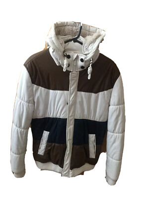 Mens Creme And Brown Winter Jacket Size 38 Faux Leather Bershka