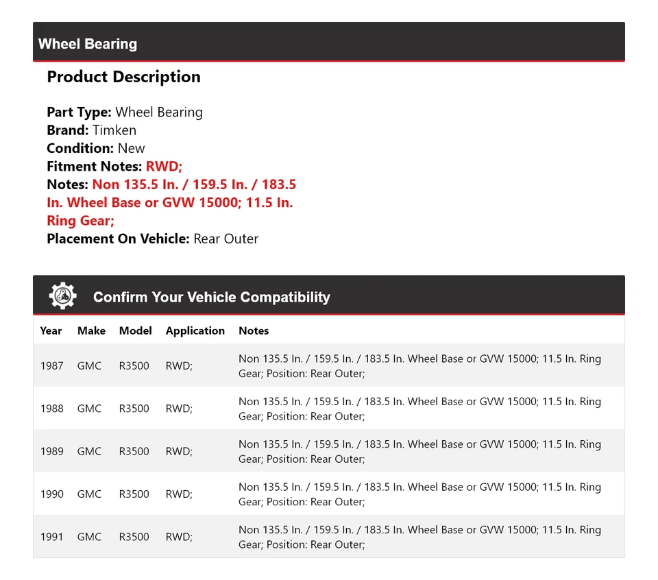 For 1987-1991 GMC R3500 RWD Wheel Bearing Rear Outer Timken 1988 1989 1990 - Image 2 of 4