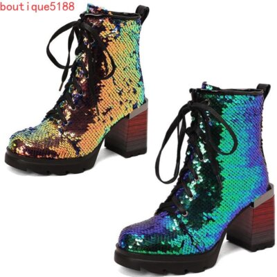 Women Chunky Heels Ankle Boots Glitter Sequins Lace Up High