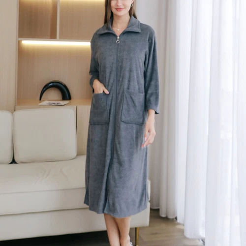 Women's Full Zip Robe 3/4 Sleeve Soft Terry Cloth Comfy Pockets House Coat - Picture 38 of 44