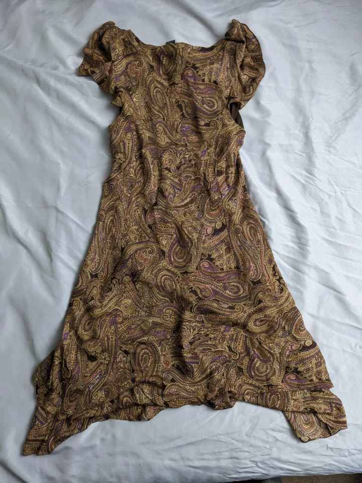 Vestido Jones New York Marrón Paisley Cambio Volantes Manga Gorra 100% Seda Mujer 14 Foto 3 de 4