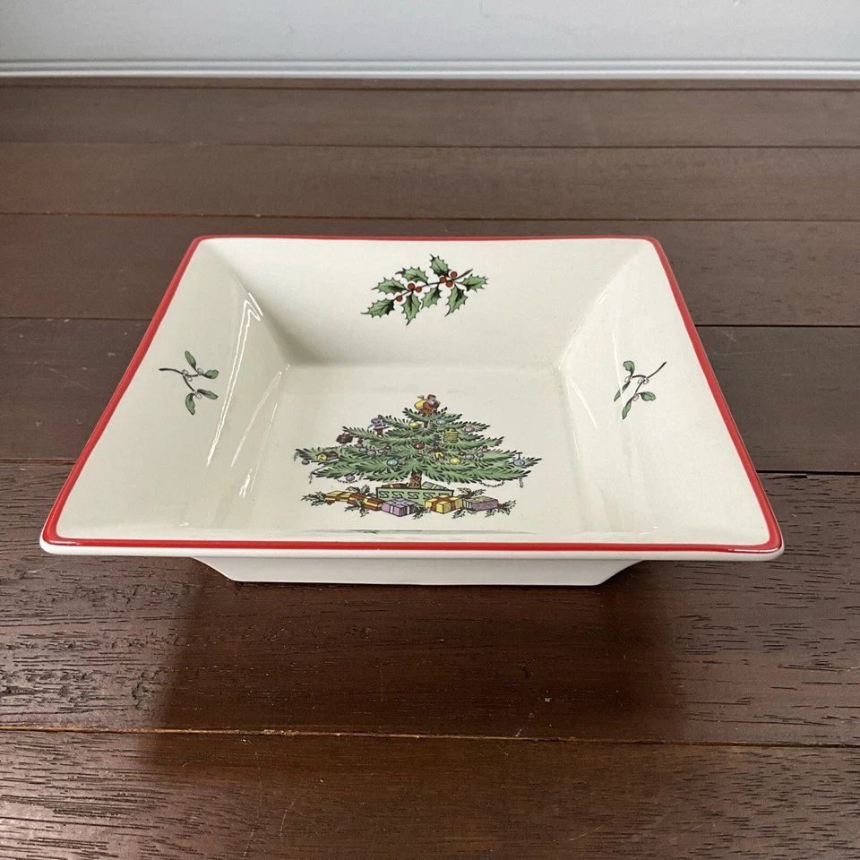 Spode Christmas Tree Red Trim 6" Square Tray Trinket Candy Nuts Dish England - Image 2 of 4