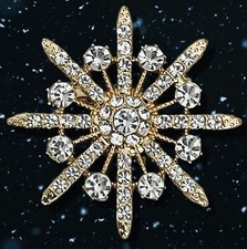 NEW Vintage-Style Starburst Snowflake Brooch Flower Clear Rhinestone Golden-Tone