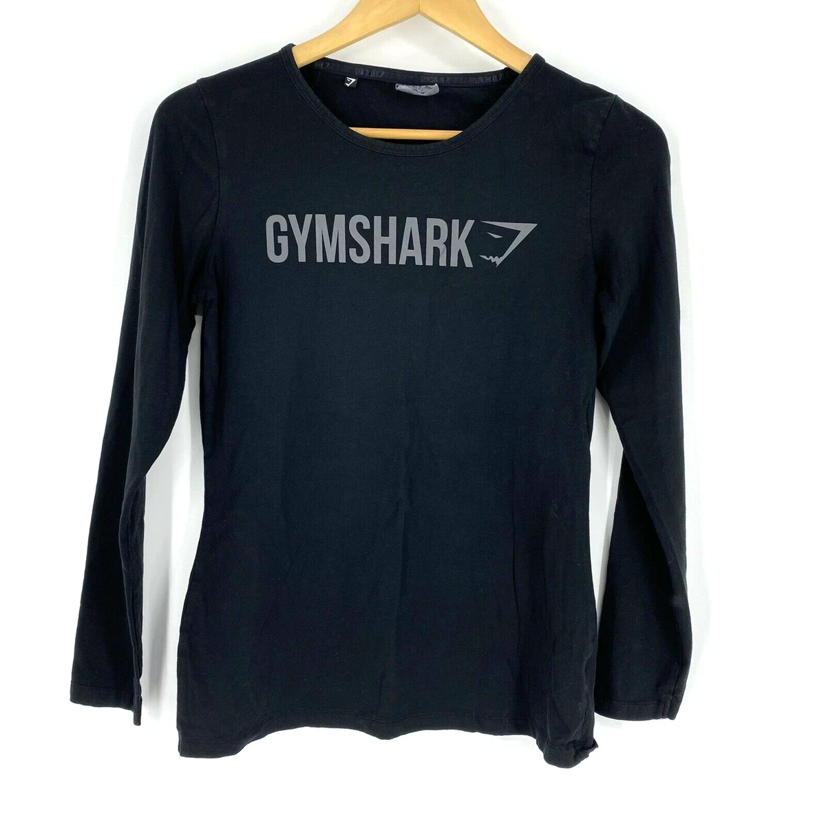 Gymshark T Shirt Size XS Womens Black Long Sleeve Tee Spellout Logo Stretch