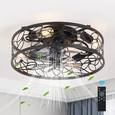 18" Black Caged Ceiling Fan Light Farmhouse Flush Mount with Remote Control kit