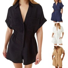 Button Down Rompers For Women Summer Short Sleeve Jumpsuit Utility Romper Shorts