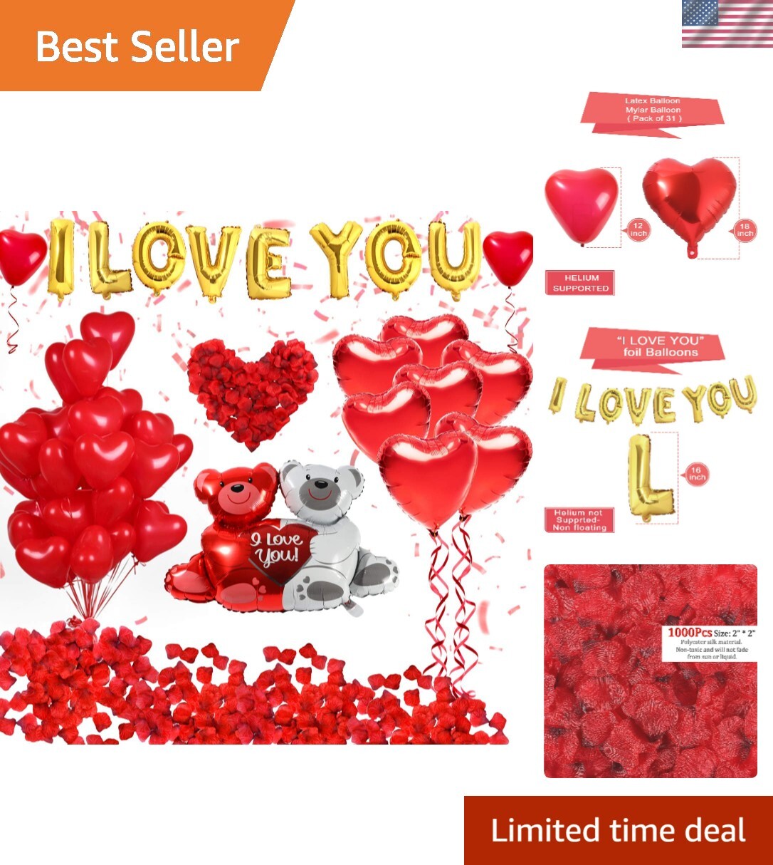 40 Pack I Love You & Heart Balloons Kit with 1000 Dark-Red Confetti for Romantic Decor
