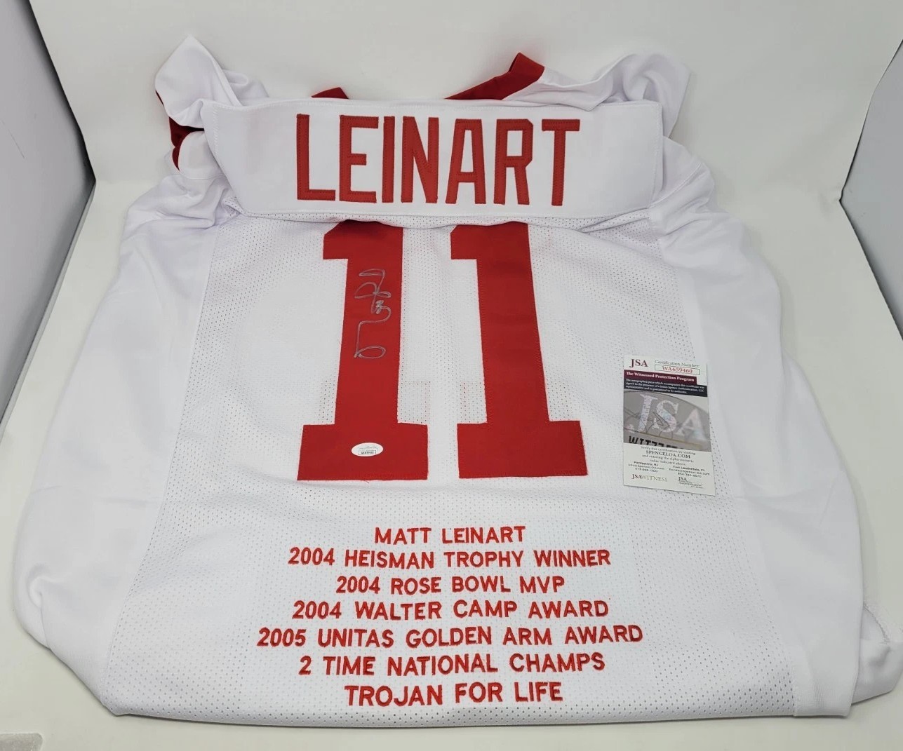 Matt Leinart Autographed Signed White Stitched Football Jersey w/ Embd Stats JSA 