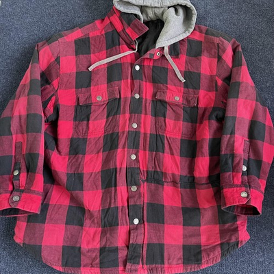 #ad #ad Craftsman Shirt Jacket Mens 2XL Red Plaid Hooded Quilted Flannel Lined Workwear $29.99