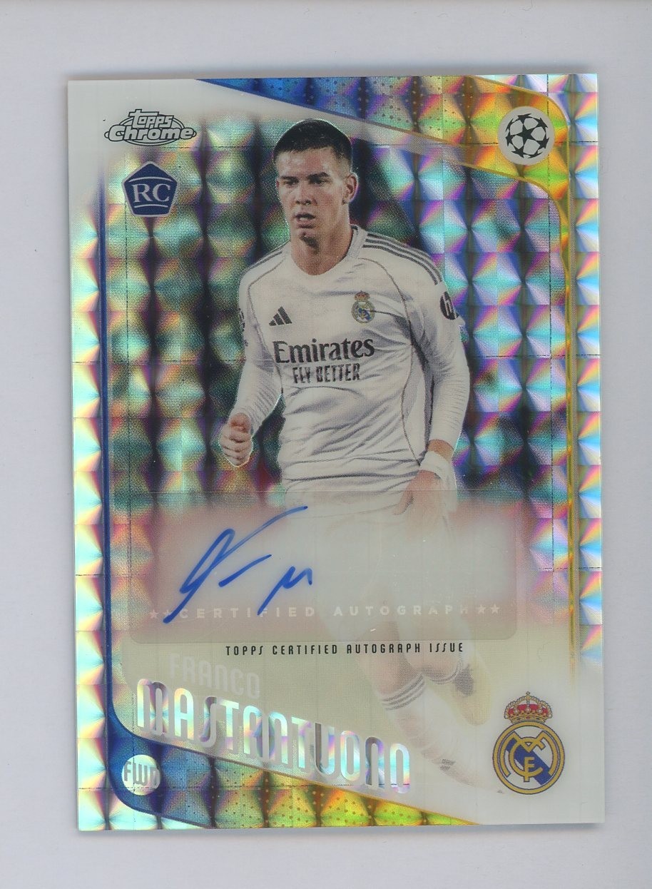 2025 Topps Chrome UEFA UCC Franco Mastantuono RC Rookie AUTO Silver Geometric view 1