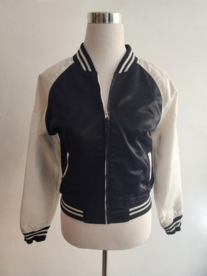 Varsity Sz L Zip Up Black White Bomber Nylon Poly Rain Wind Resistant Barbiecore