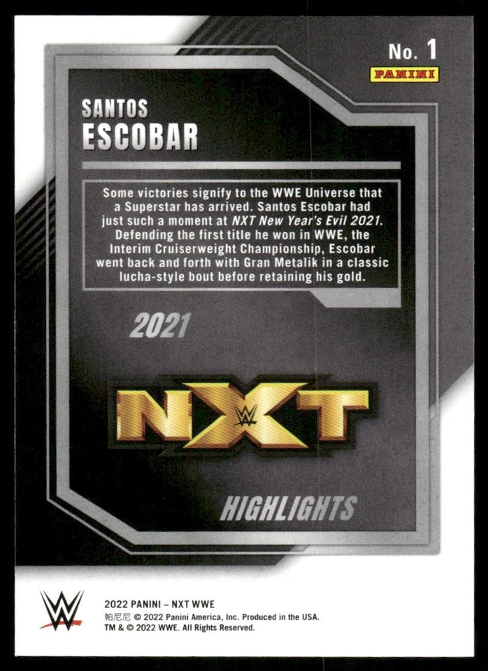 2022 Panini WWE NXT #1 Santos Escobar wrestling card - Image 2 of 2