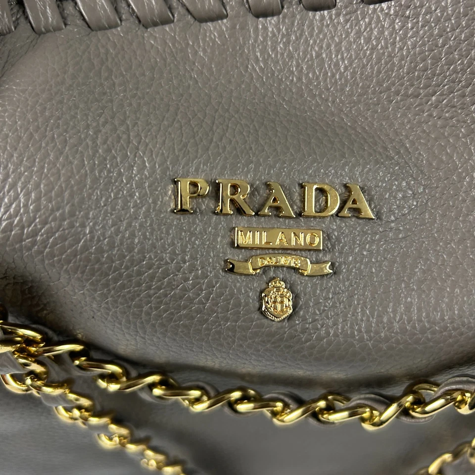 Prada Bauletto Authentic BR3107 Vitello Daino Rame Taupe Gold Chain Shoulder Bag - Image 2 of 4