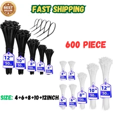 Zip Ties Assorted Sizes 4+6+8+10+12-Inch，600Pcs Multi-Purpose Self-Locking