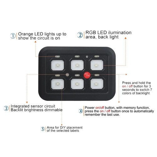 6 Gang 12V On/Off Switch Panel Toggle 7 Color LED Light Circuit Relay System Kit - Picture 7 of 12