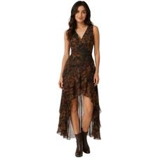Black Sleeveless Floral Wrap High-Low Surplice Midi Dress