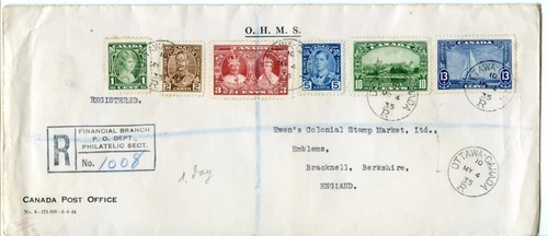 1935 SILVER JUBILEE CANADA PLAIN CLEAN REGISTERED FDC OTTAWA CDS PMKS TO ENGLAND