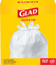 Tall Kitchen Trash Bags 13 Gallon, Unscented Garbage Bags, Quick-Tie, 68 Count