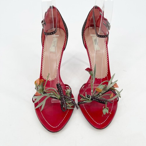 Prada Vintage Red Brown Floral Bouquet Bow Detail Ankle Strap Sandal Heel IT 38 - Picture 2 of 11