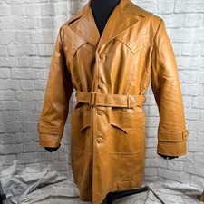 VTG Amerex Vegan Faux Leather Jacket Mens Medium Tan Belted Button-Up Lined