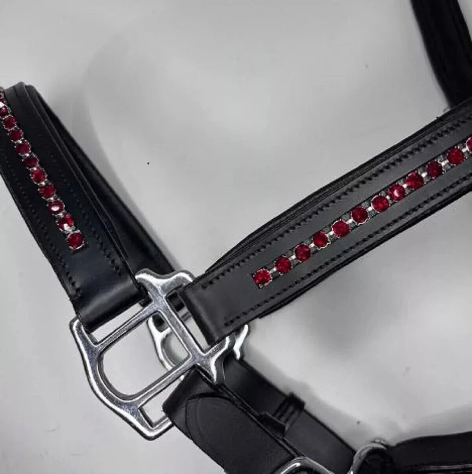 Rotes Kristallleder Pferd gepolstert Premium Qualität Kopf Halsband Halfter a... - Bild 4 von 4