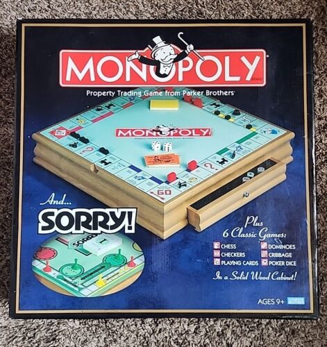 MONOPOLY  Sorry 6 in 1 Wooden Board Game - 6 Classic Games - Picture 1 of 3