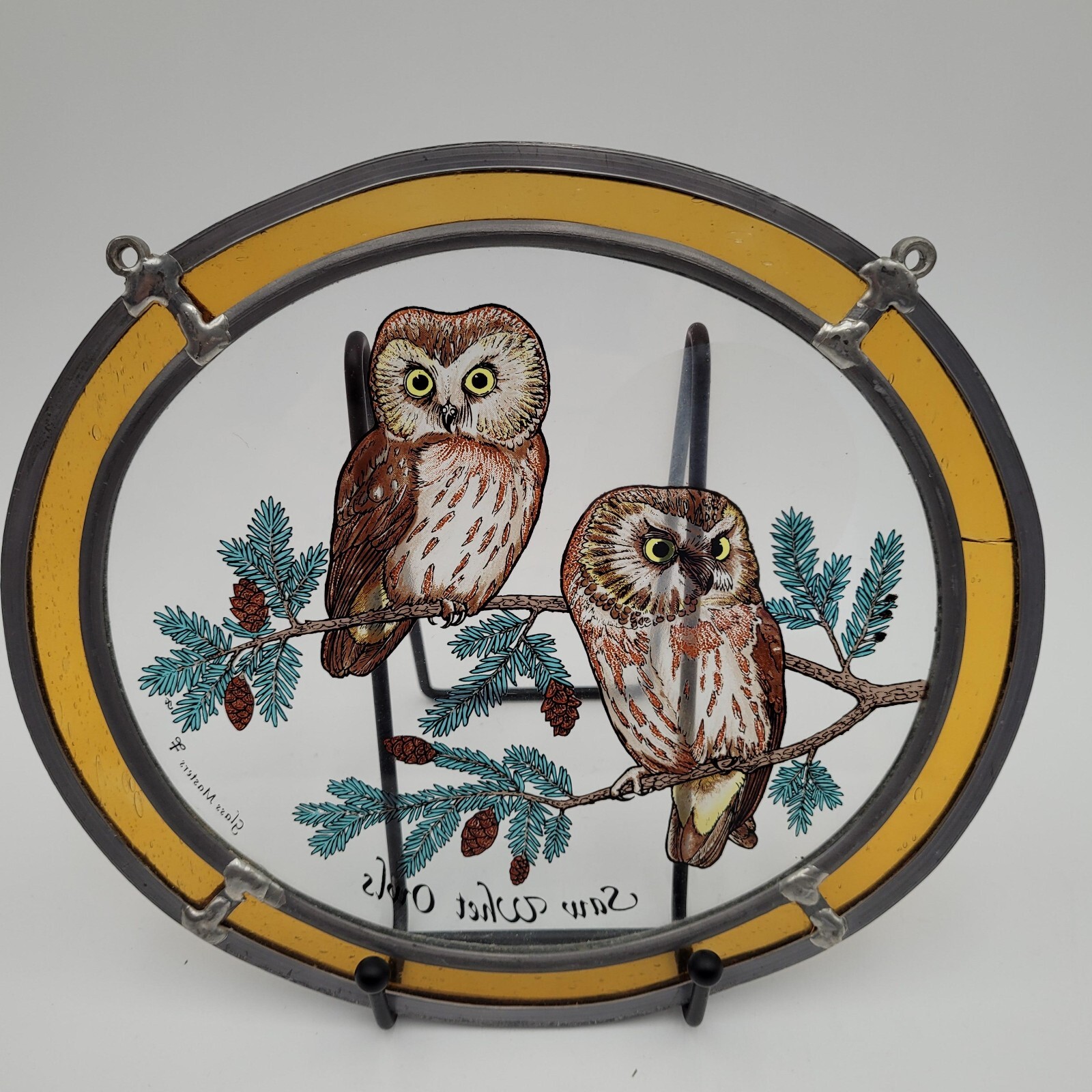 Vintage Glassmasters Sun Catcher Saw Whet Owls Stained Glass Tiffany