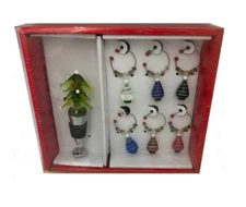 Holiday Christmas Tree Gift Set Bottle Stopper with 6 Wine Charms