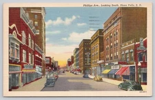 Sioux Falls South Dakota Phillips Avenue Looking South Linen Postcard Posted