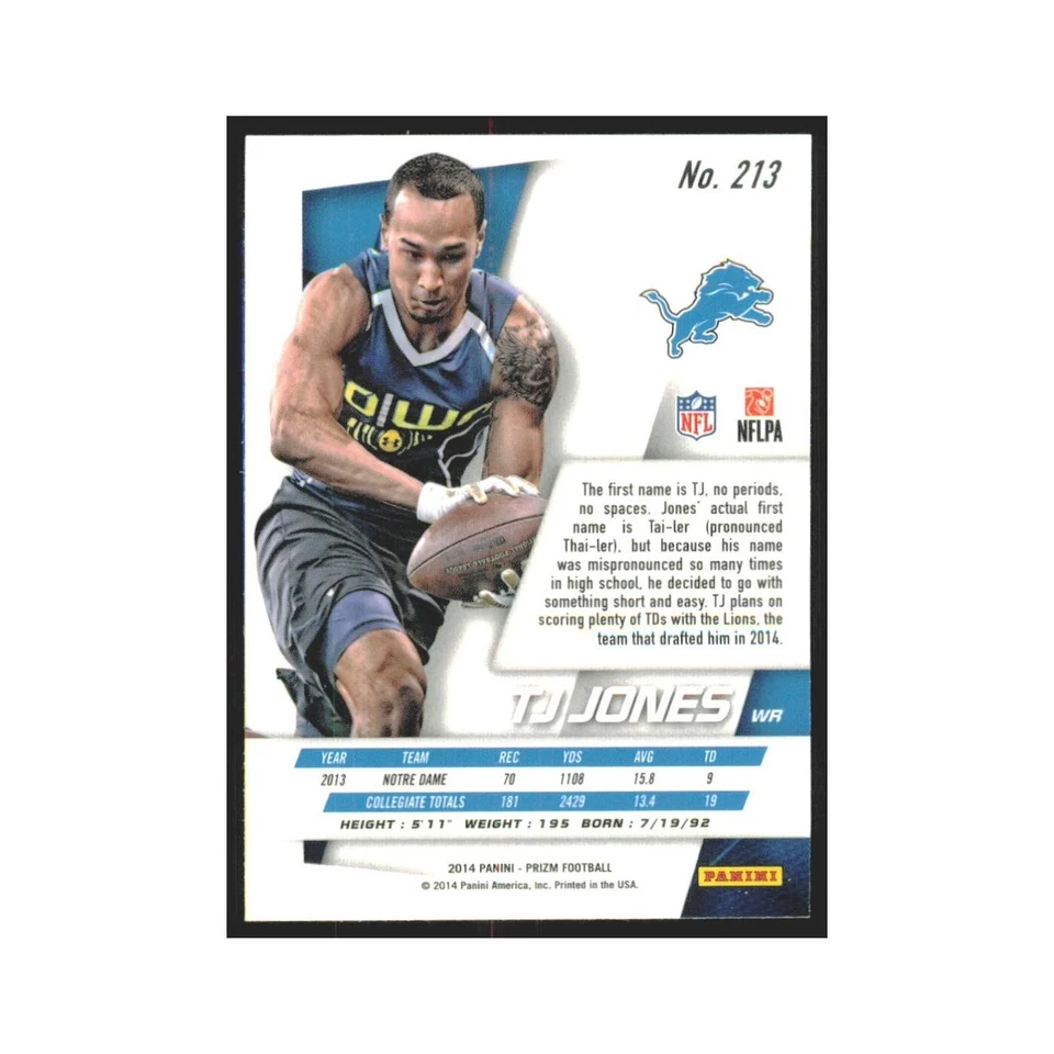 2014 Panini Prizm TJ Jones RC Lions #213 - Image 2 of 3
