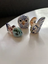 Vintage Miniature Tonala Owl Fish Rooster Figurines Set of 3 Mexico Folk Art