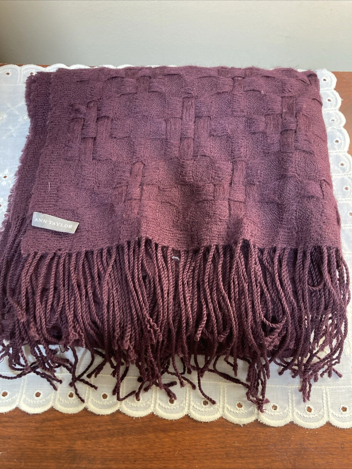 Ann Taylor Scarf Women's One Size Eggplant Woven Felted Wool With 4” Fringe