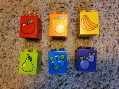 Lot of 6x Duplo Printed Fruit Bricks Apple Orange Pear Plum Blueberry Banana
