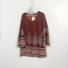 XHILARATION Tunic Blouse Women's M Burgundy Floral Paisley Flowing Long Sleeve