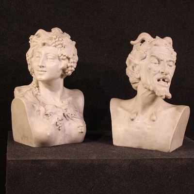 Paire bustes marbre blanc sculptures 2 statues faune satyre nymphe 19ème siècle - Photo 1/4