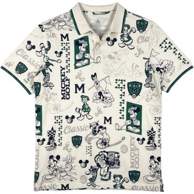 Disney Parks Mens Mickey Golf All Over Print Polo Shirt Cream Green Small NEW