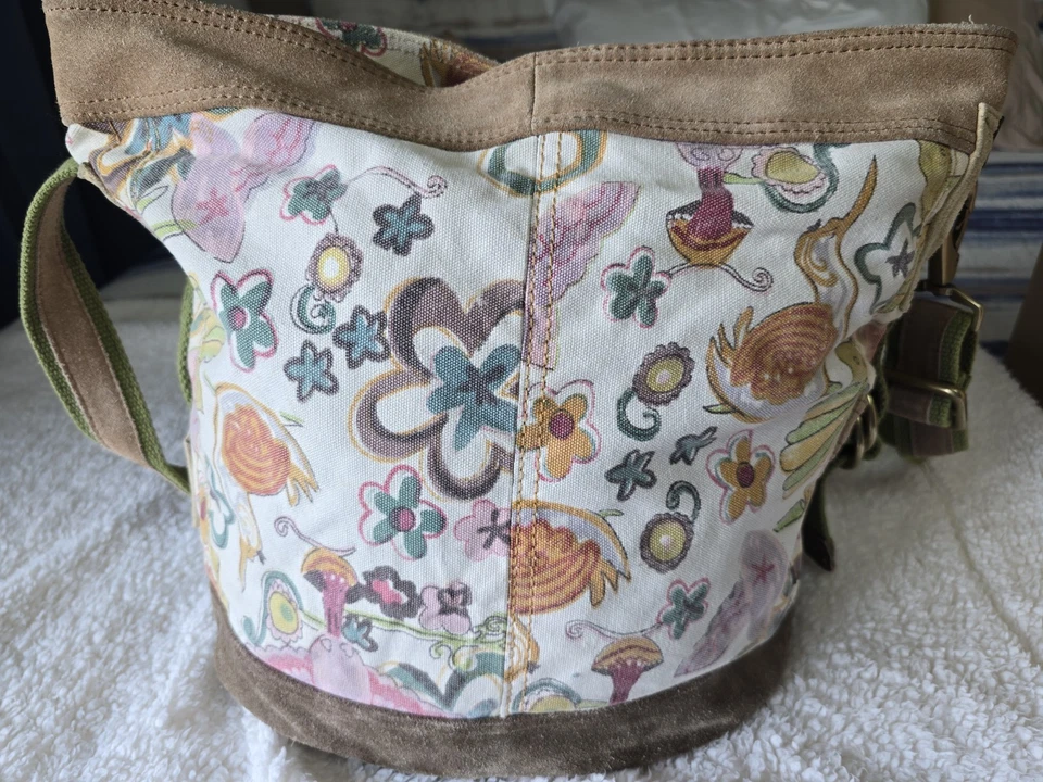 Lucky Brand Bucket Shoulder Bag Crossbody Canvas Suede Humming Bird Boho XL - Image 2 of 4
