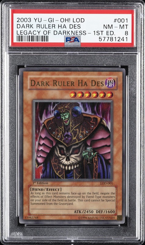 2003 YU-GI-OH! LOD-LEGACY OF DARKNESS 1ST ED #001 DARK RULER HA DES PSA 8