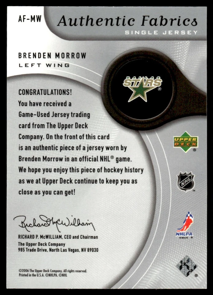 2005-06 SP Game Used Authentic Fabrics Brenden Morrow Dallas Stars #AF-MW - Image 2 of 2