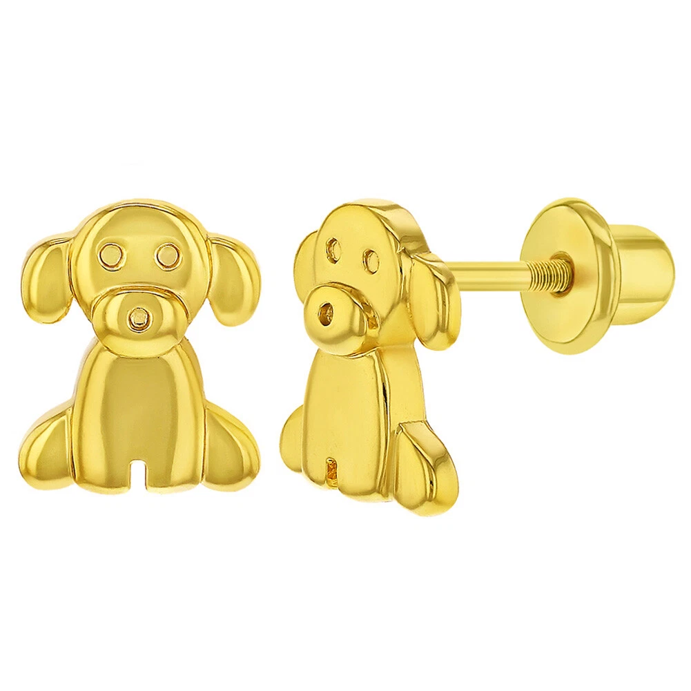 Gold Plated Puppy Dog Safety Screw Back Earrings for Toddlers and