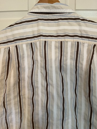 TASSO ELBA ISLAND Men’s XL Linen Cotton Shirt Hawaiian Sand Blue Brown Stripe - Picture 6 of 8