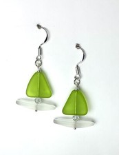 Spring Green  White Seaglass Sailboat Earrings, Sterling Silver. Handmade.