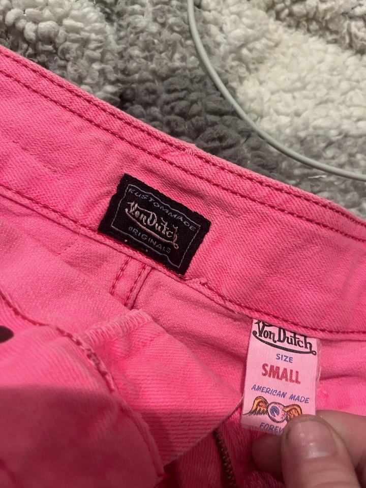 Nuevo de Lote Antiguo Y2K Von Dutch Mujer Pequeña Denim Jean Mini Falda Rosa EE. UU. Foto 4 de 4