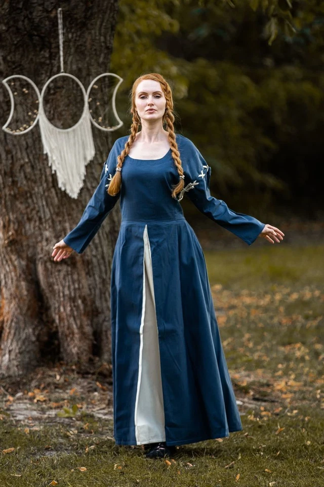 LEONARDO CARBONE Mittelalter Wikinger LARP Kleid Larina Baumwolle zweifarbig blau/rot/blau-natur