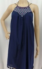 LOFT BLUE GEO EMBROIDERED TASSEL TRIM BOHO SWING COASTAL DRESS SIZE: M NWT