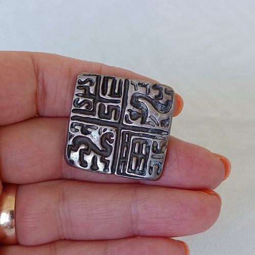 Vintage Pewter Abstract Modernist Square Brooch Symbols Dragons? Mystery - Picture 9 of 10