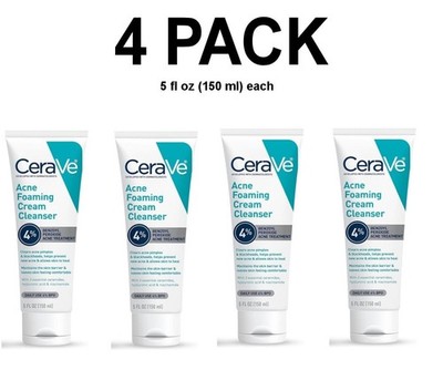 CeraVe 4 PACK,  Acne Foaming Cream Cleanser 4% Benzoyl Peroxide, 5 fl oz