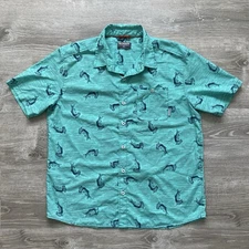Simms Short Sleeve Button Up Shirt Men's Large Blue AOP Geometric Print Fish