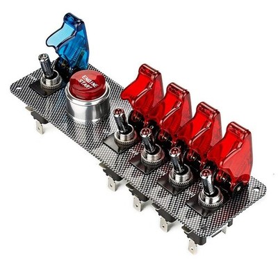 DC12V 5 in 1 Flip-Up Ignition Switch Carbon Fiber Panel Car Engine Start Push...