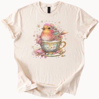 Pastel Bird Teacup Shirt Colorful Watercolor Animal Graphic Art Tee